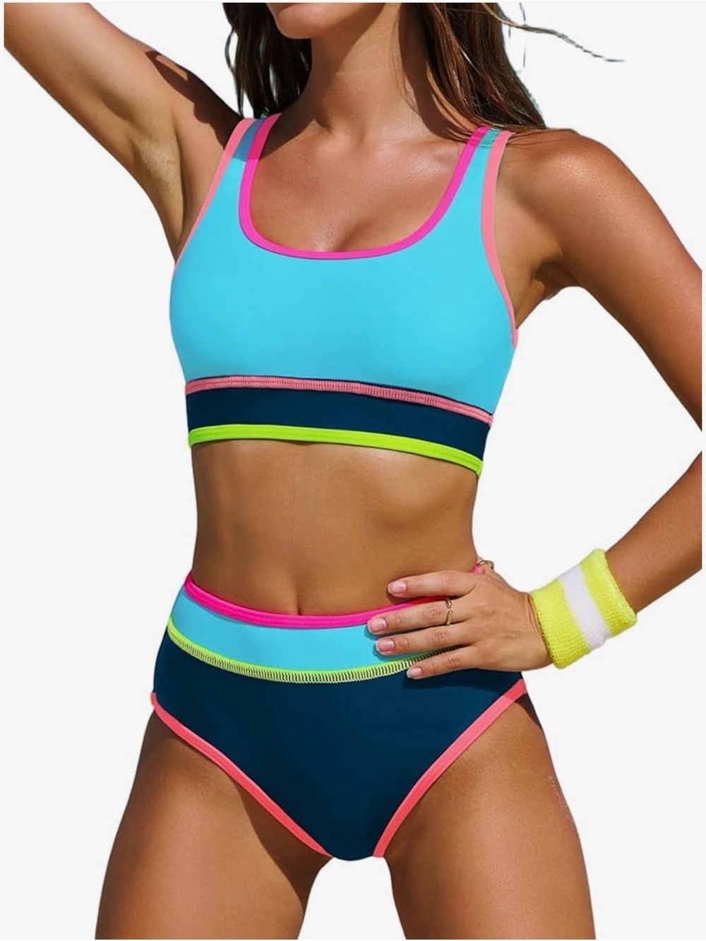 NWT popvil High Waisted Neon Two Piece Swimsuit Sporty Crisscross Back